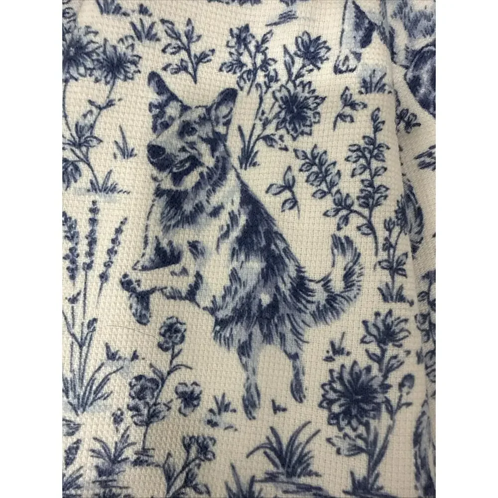 TWO Blue & White Dogs Toile Kitchen Towels Cotton Blend CORGI Shepherd Retriever